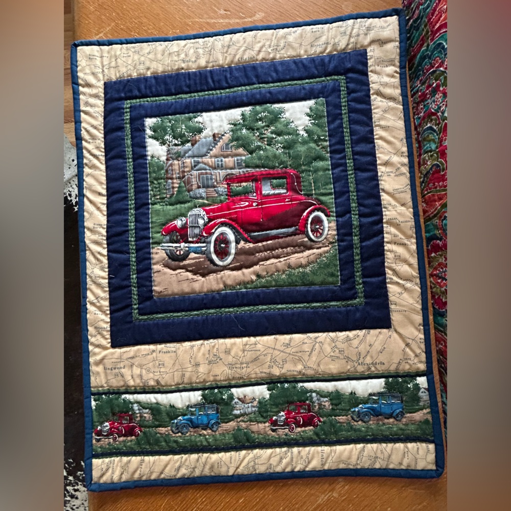 Vintage Car Themed Quilt with Red and Blue Accents